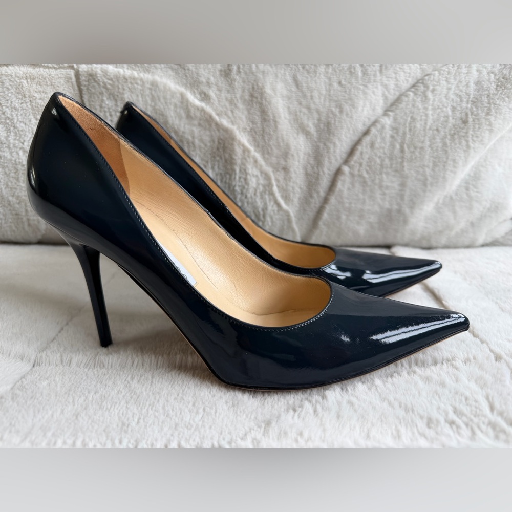 $779 Jimmy Choo Navy Patent Leather 100mm 4” Pumps High Heels 38.5 8.5